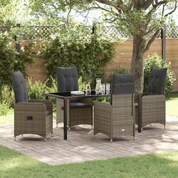 5-Piece Grey Poly Rattan Garden Dining Set with Cushions