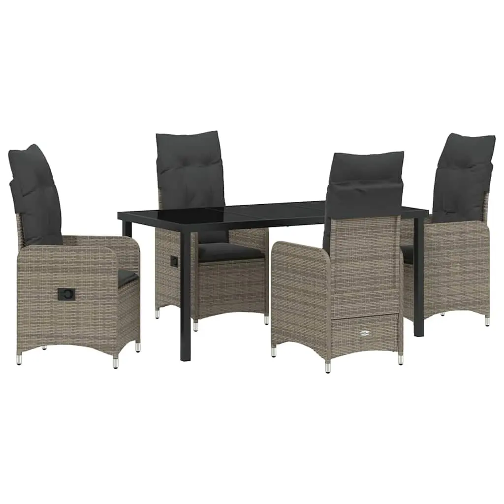 Outdoor Dining Set Poly Rattan 5 Piece Grey Steel Frame Tempered Glass Table with Cushions