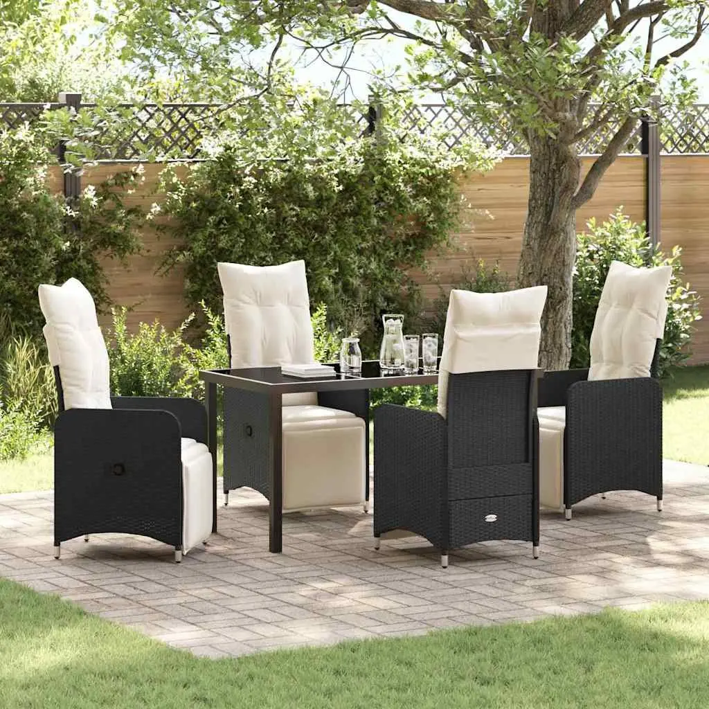 Outdoor Dining Set Powder-coated Steel Tempered Glass Black Rattan 5 Piece