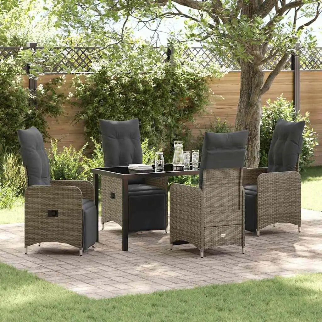 Garden Dining Set 5 Piece Powder-coated Steel Tempered Glass Grey Poly Rattan