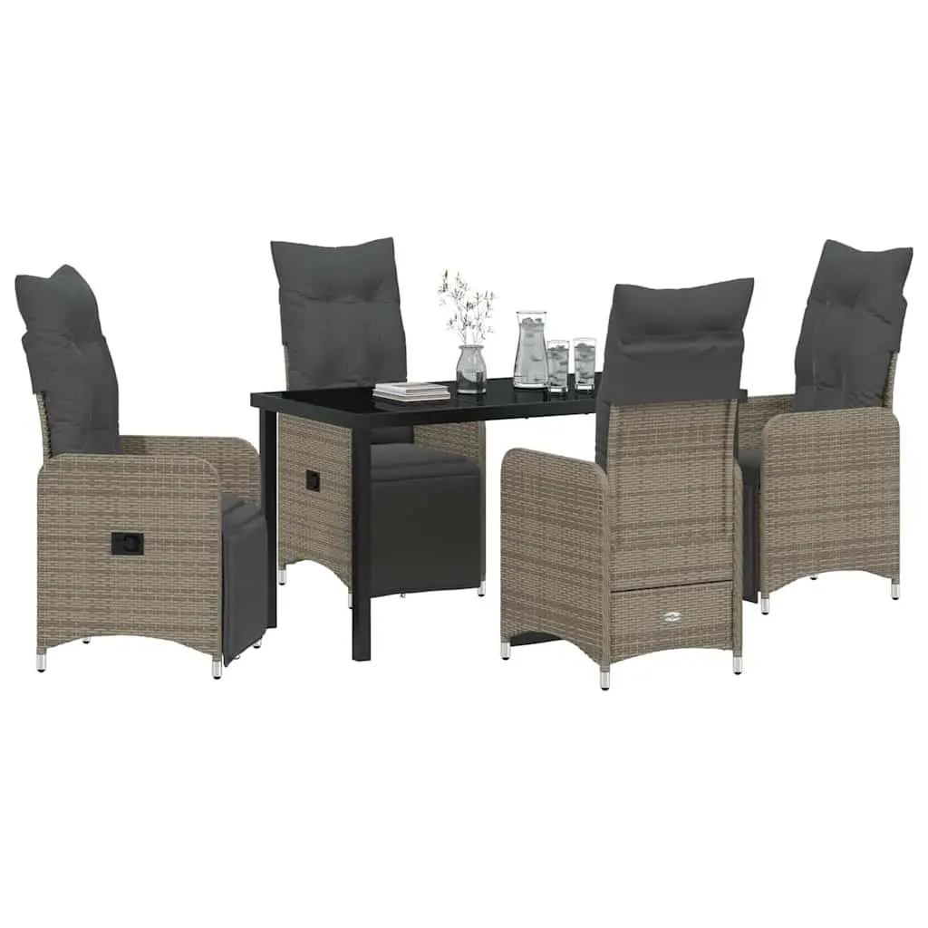 Garden Dining Set 5 Piece Powder-coated Steel Tempered Glass Grey Poly Rattan