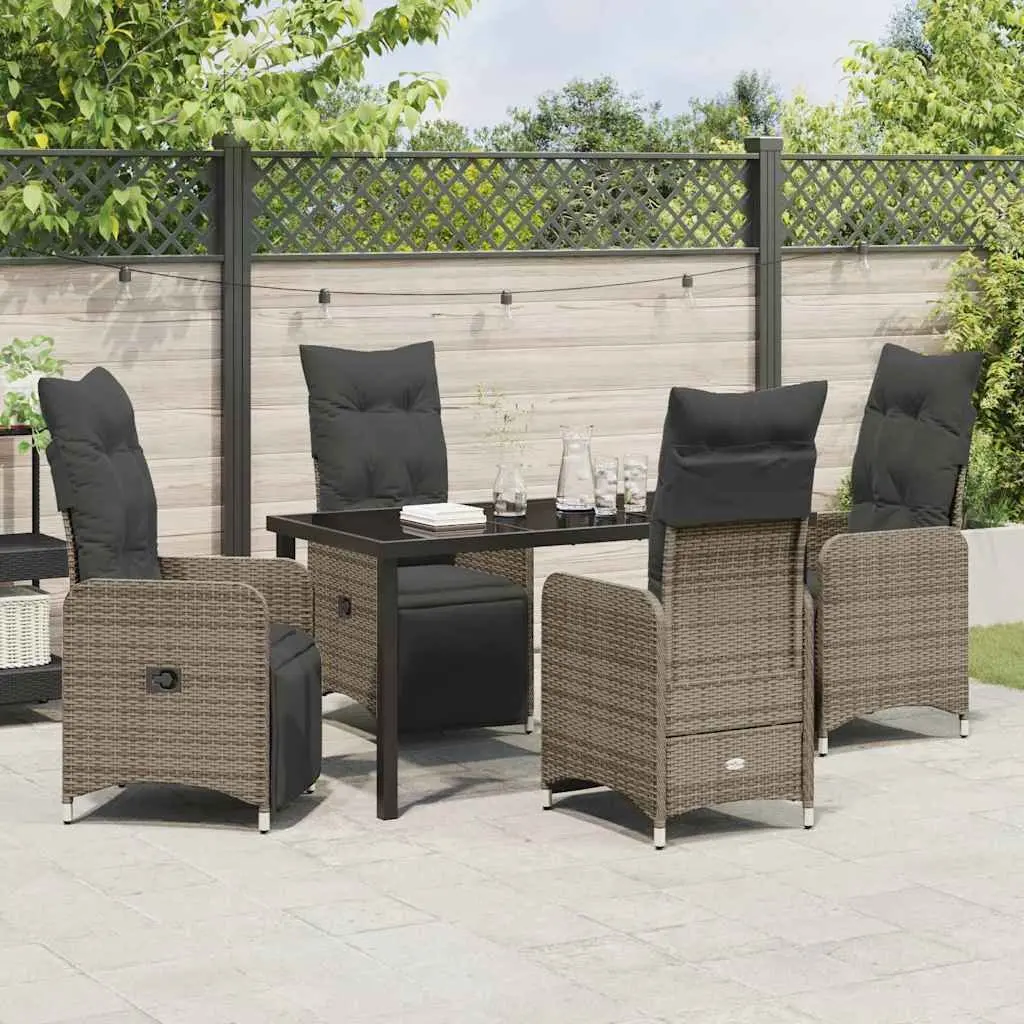Garden Dining Set 5 Piece Powder-coated Steel Tempered Glass Grey Poly Rattan