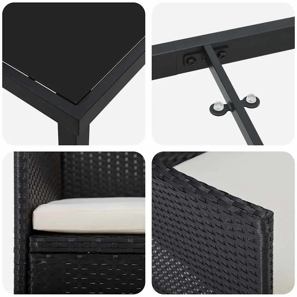 3-Piece Black Poly Rattan Garden Dining Set