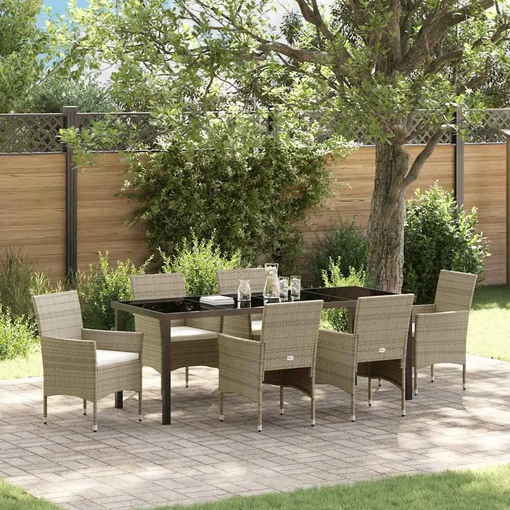 Beige Poly Rattan 7-Piece Garden Dining Set with Glass Table