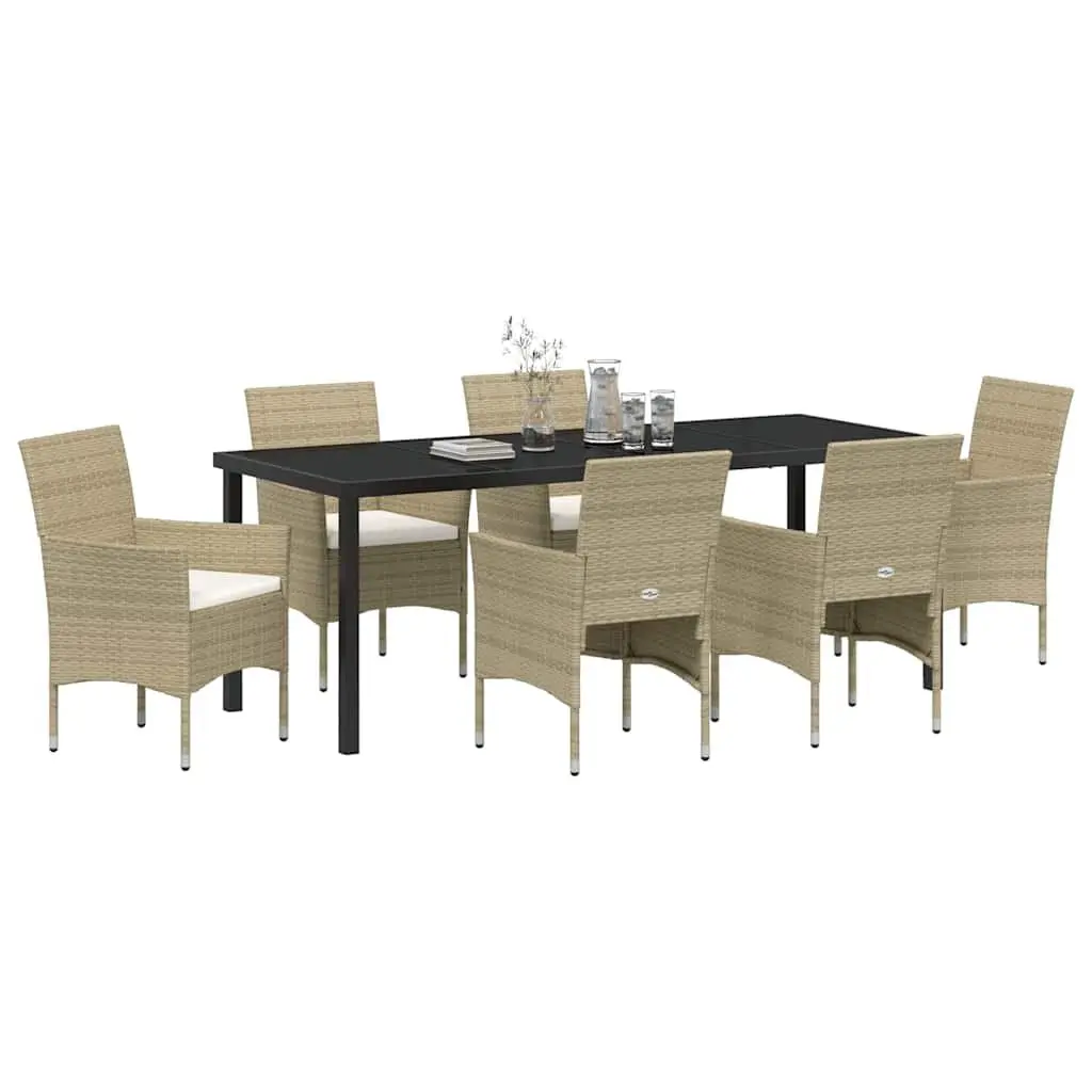Beige Poly Rattan 7-Piece Garden Dining Set with Glass Table