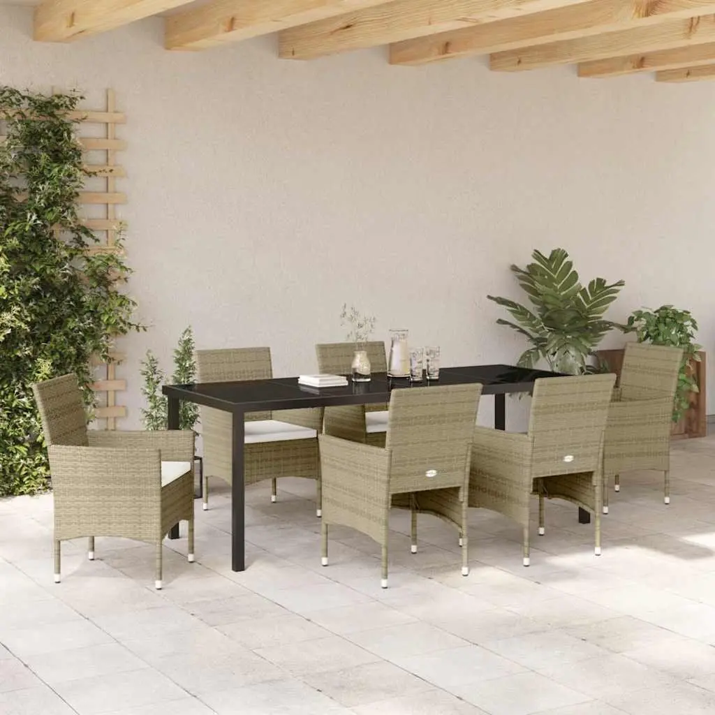 Beige Poly Rattan 7-Piece Garden Dining Set with Glass Table