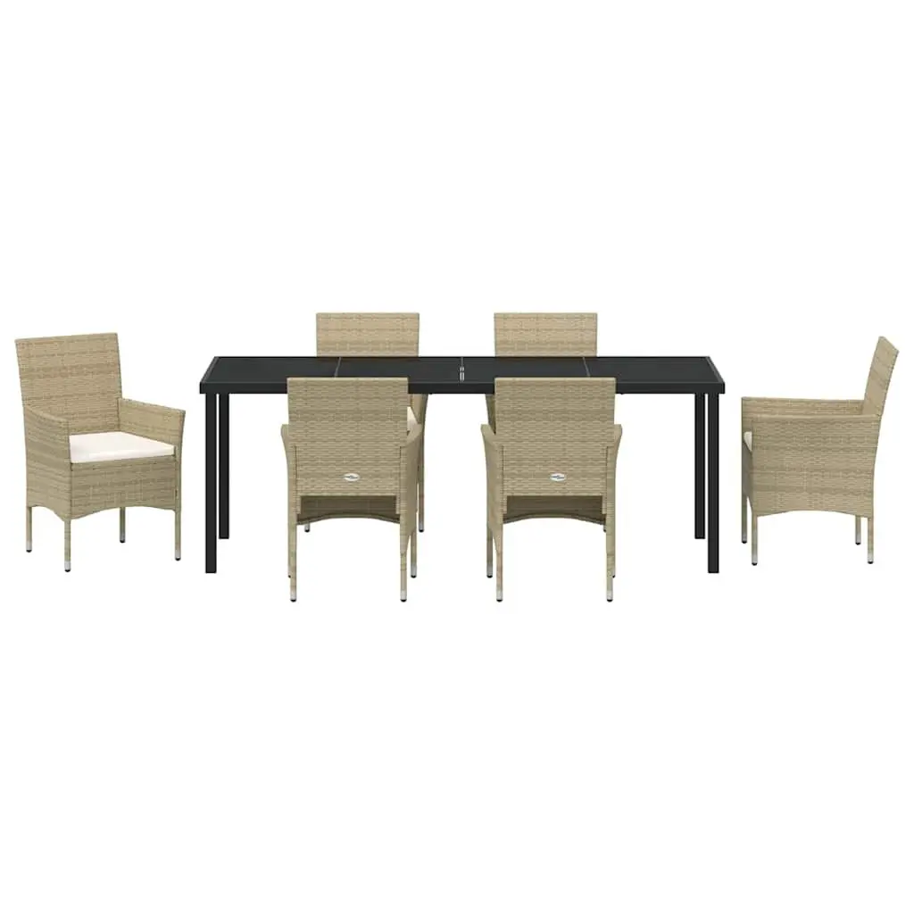 Beige Poly Rattan 7-Piece Garden Dining Set with Glass Table