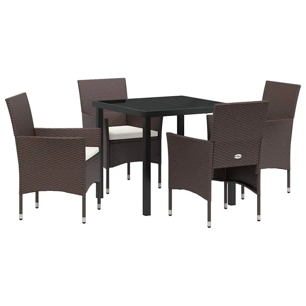 Garden Dining Set 5 Pieces Powder Coated Steel Poly Rattan Brown Tempered Glass Table Chairs