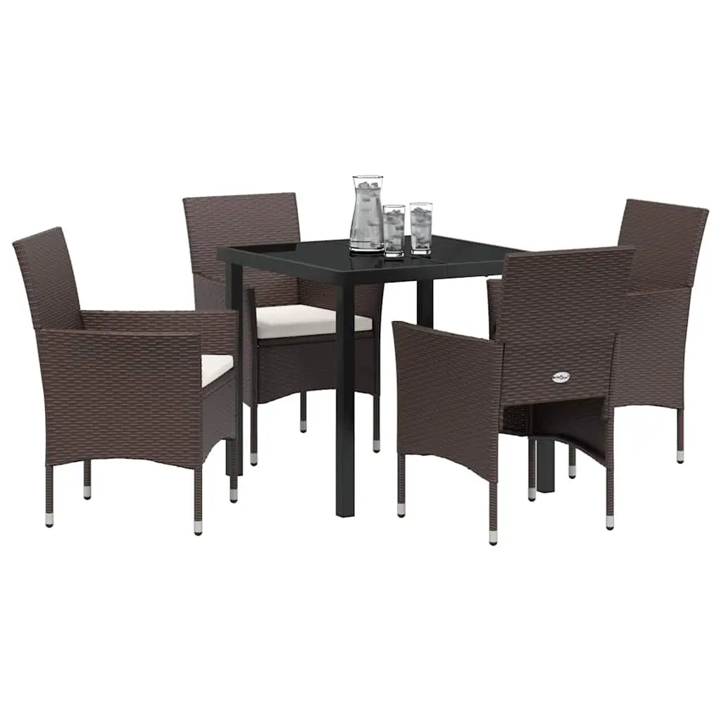 Garden Dining Set 5 Pieces Powder Coated Steel Poly Rattan Brown Tempered Glass Table Chairs