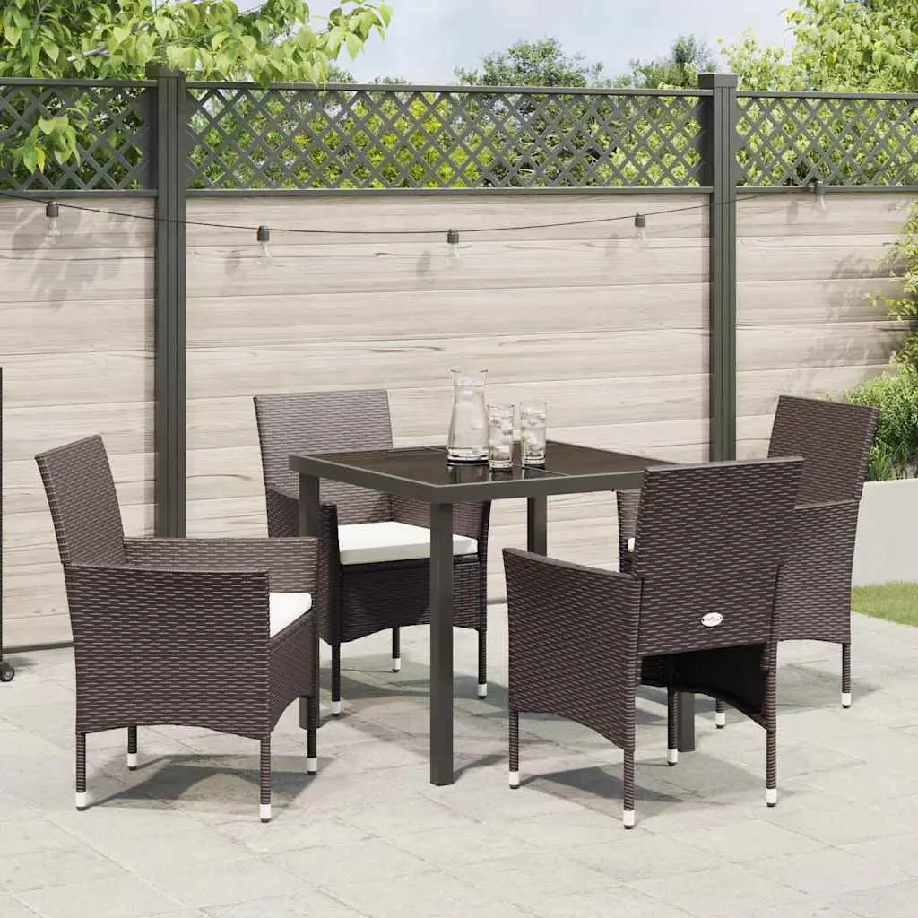 Garden Dining Set 5 Pieces Powder Coated Steel Poly Rattan Brown Tempered Glass Table Chairs