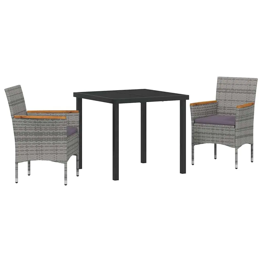Garden Dining Set Poly Rattan Steel Frame Glass Table Grey 3 Pieces