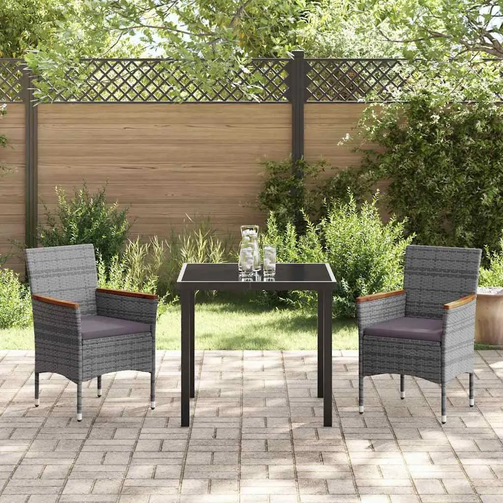 Garden Dining Set Poly Rattan Steel Frame Glass Table Grey 3 Pieces