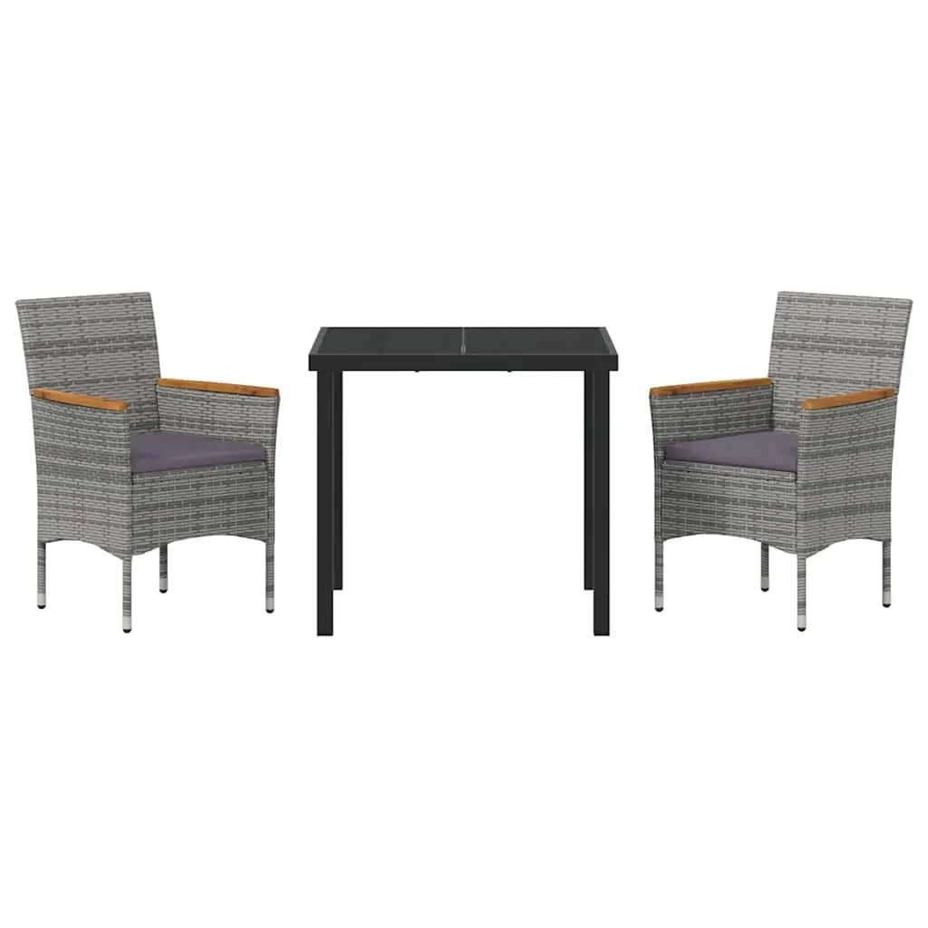 Garden Dining Set Poly Rattan Steel Frame Glass Table Grey 3 Pieces