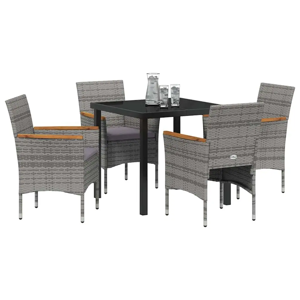 5-Piece Grey Poly Rattan Garden Dining Set with Glass Table