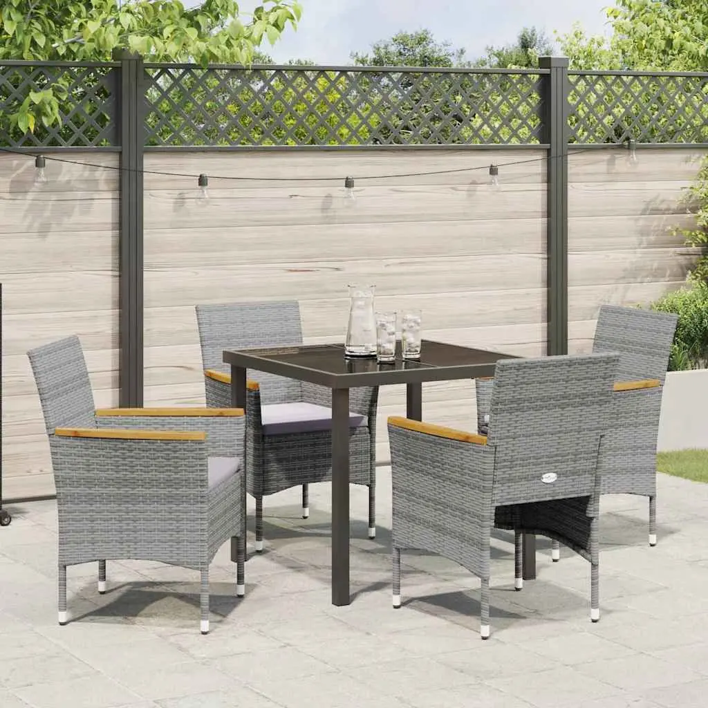 5-Piece Grey Poly Rattan Garden Dining Set with Glass Table