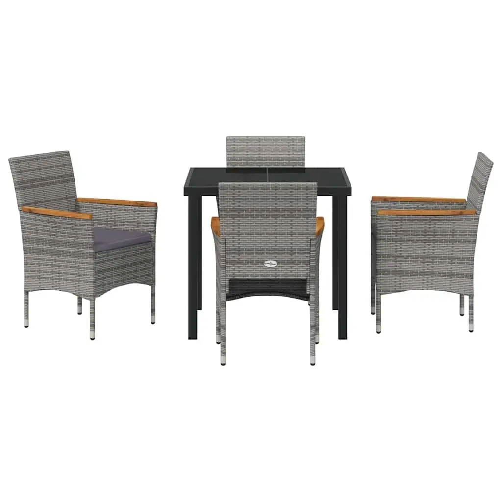 5-Piece Grey Poly Rattan Garden Dining Set with Glass Table