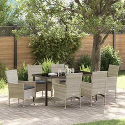 7-Piece Light Grey Rattan Garden Dining Set with Cushions