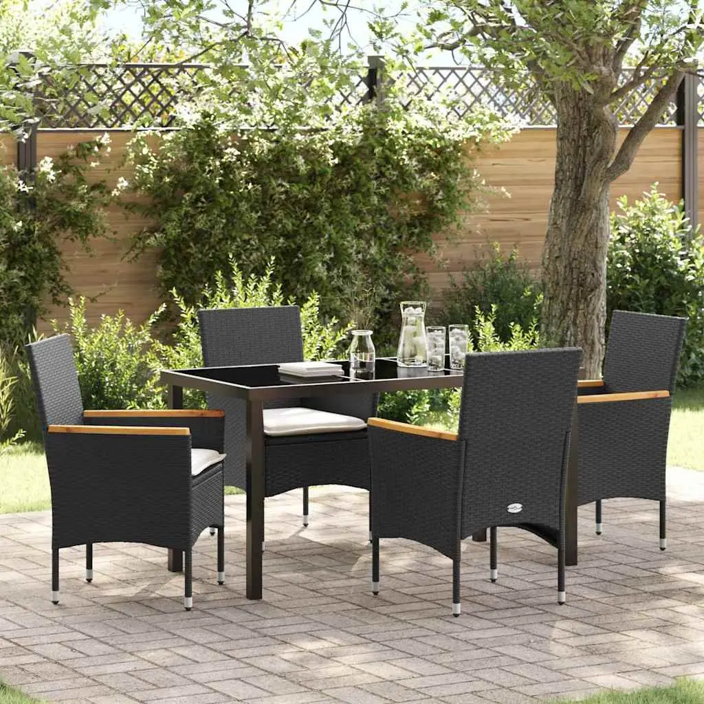 Garden Dining Set Poly Rattan 5 Piece Black Cushion Tempered Glass Table