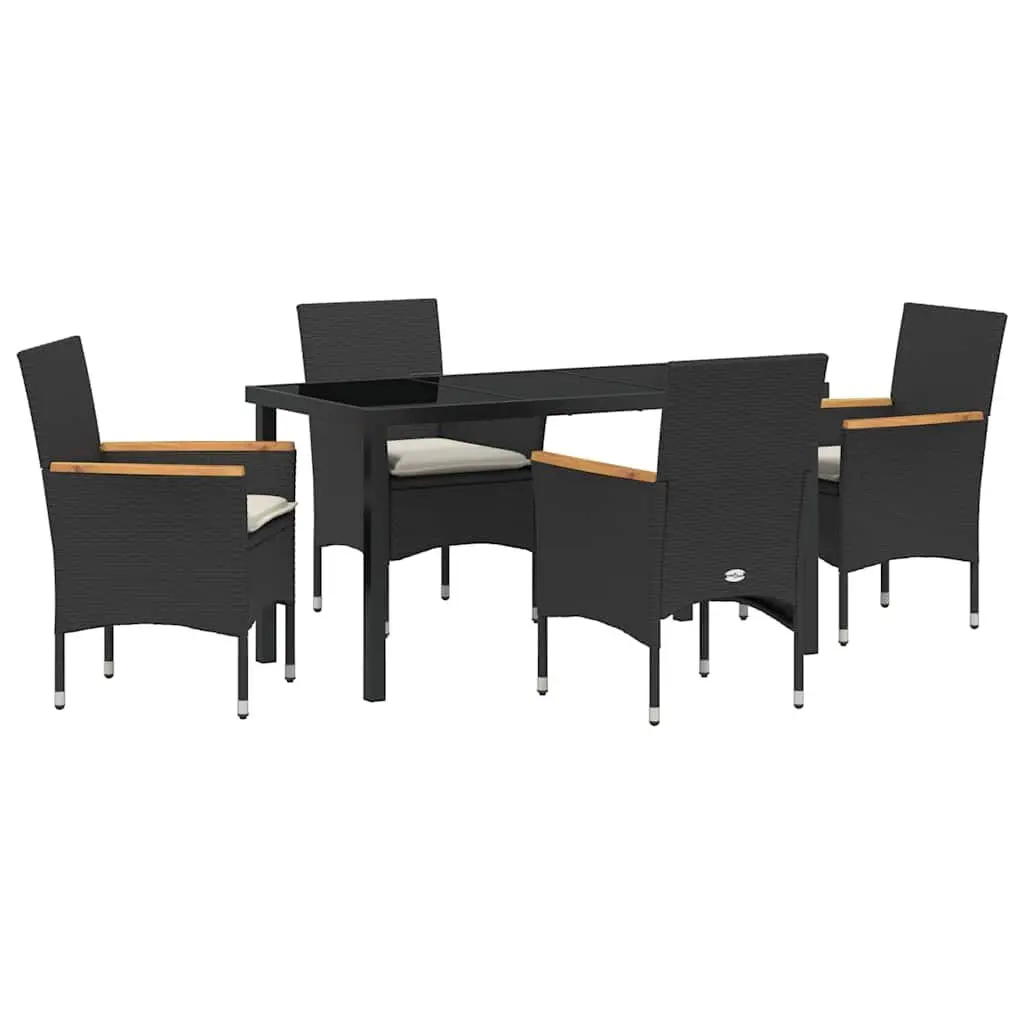 Garden Dining Set Poly Rattan 5 Piece Black Cushion Tempered Glass Table