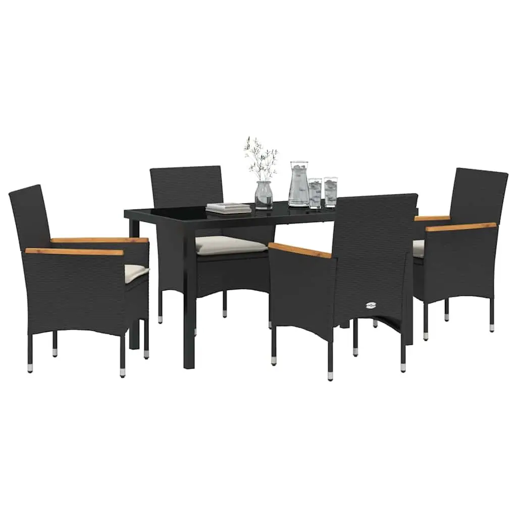 Garden Dining Set Poly Rattan 5 Piece Black Cushion Tempered Glass Table