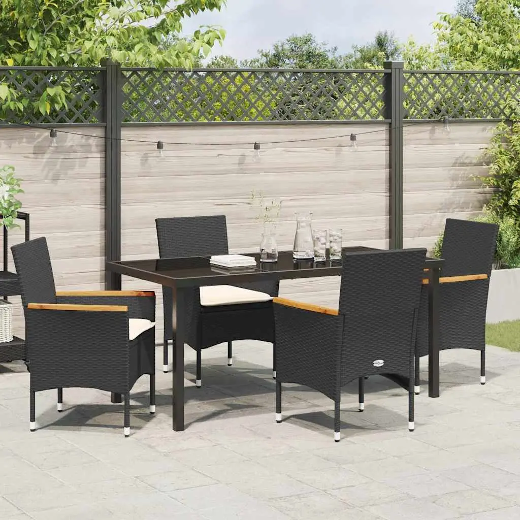 Garden Dining Set Poly Rattan 5 Piece Black Cushion Tempered Glass Table