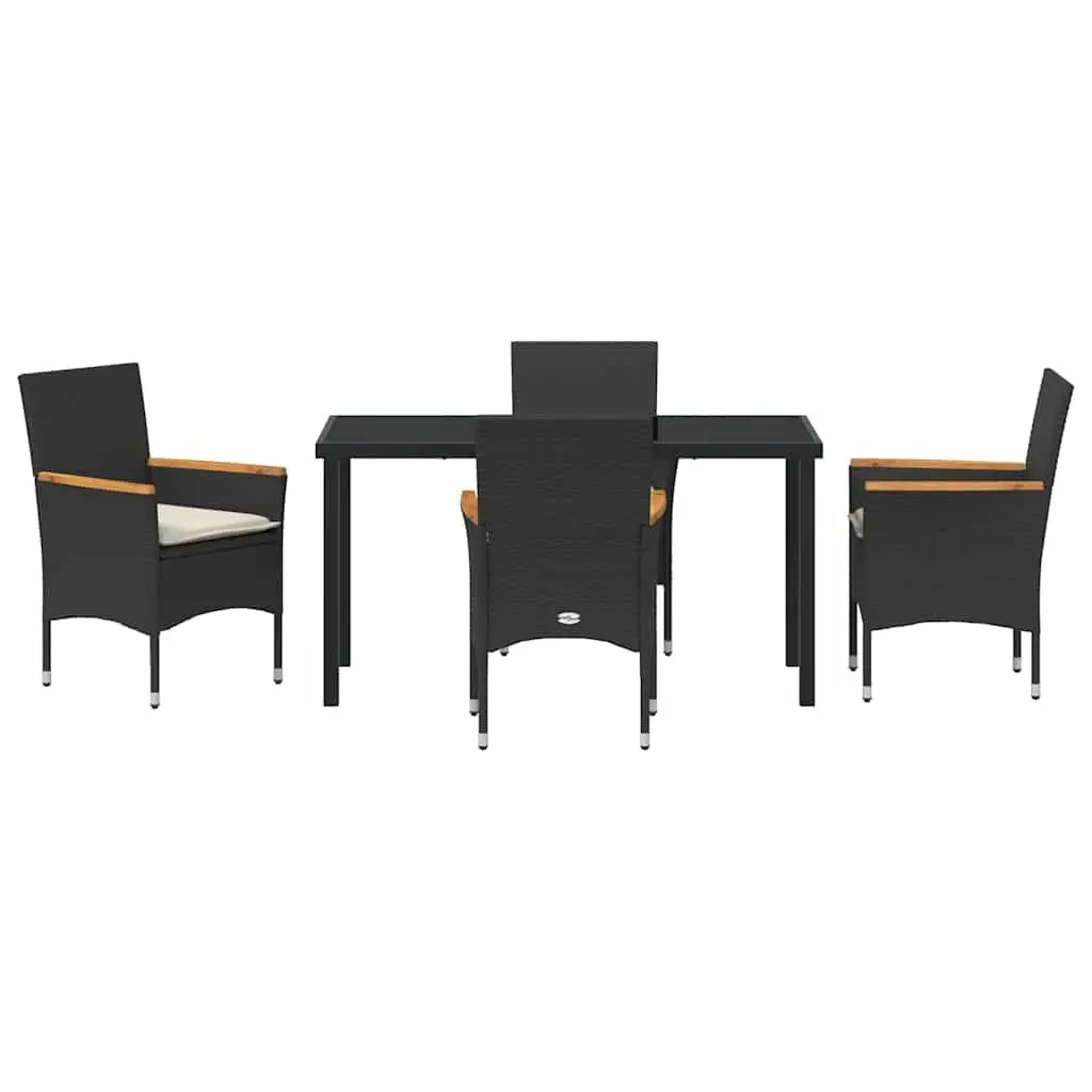 Garden Dining Set Poly Rattan 5 Piece Black Cushion Tempered Glass Table
