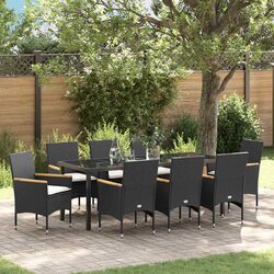 9-Piece Black Poly Rattan Garden Dining Set with Cushions