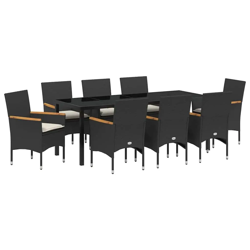 9-Piece Black Poly Rattan Garden Dining Set with Cushions