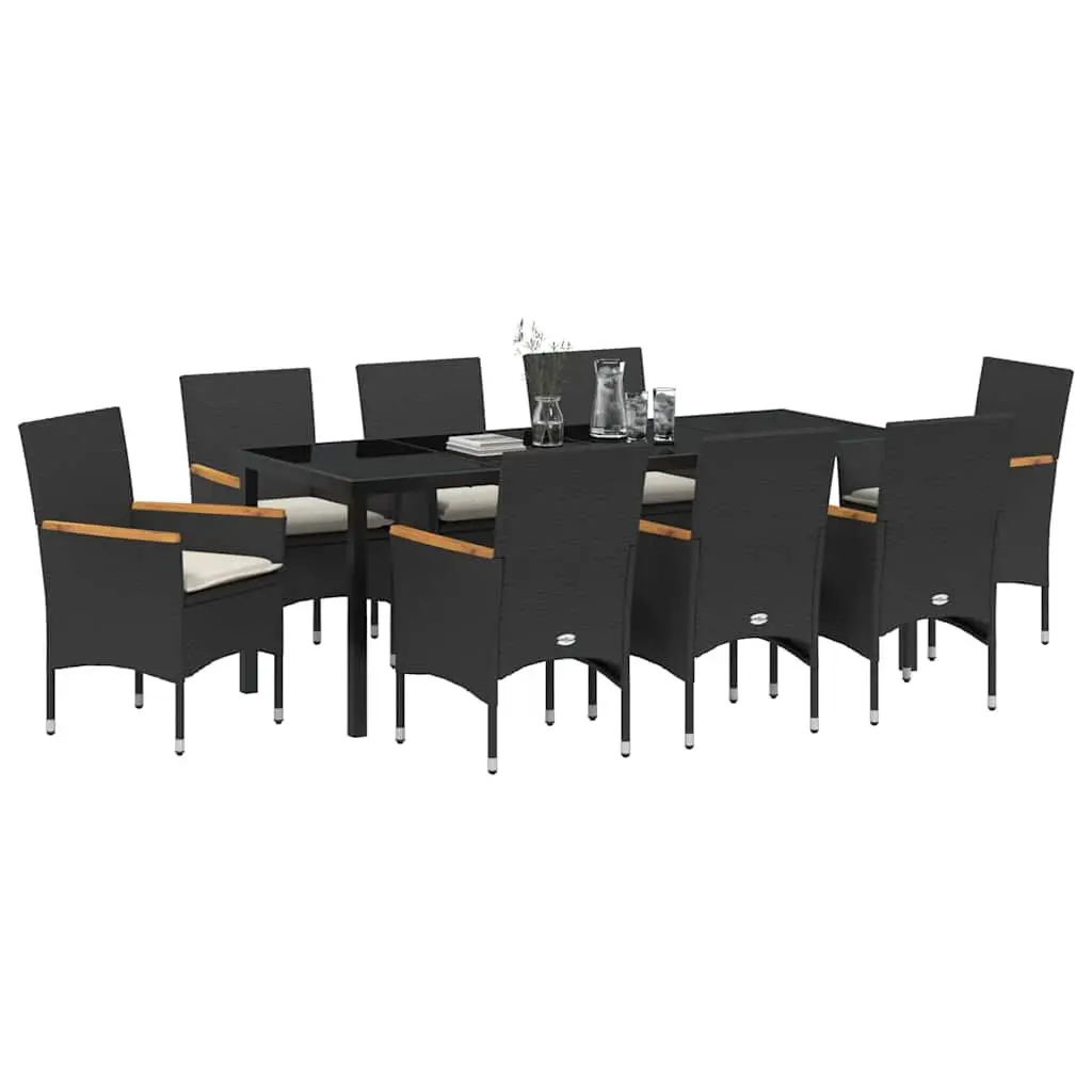 9-Piece Black Poly Rattan Garden Dining Set with Cushions