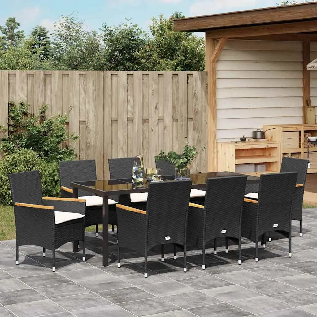 9-Piece Black Poly Rattan Garden Dining Set with Cushions