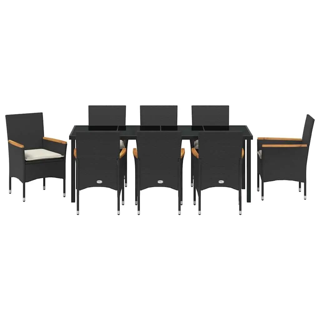9-Piece Black Poly Rattan Garden Dining Set with Cushions
