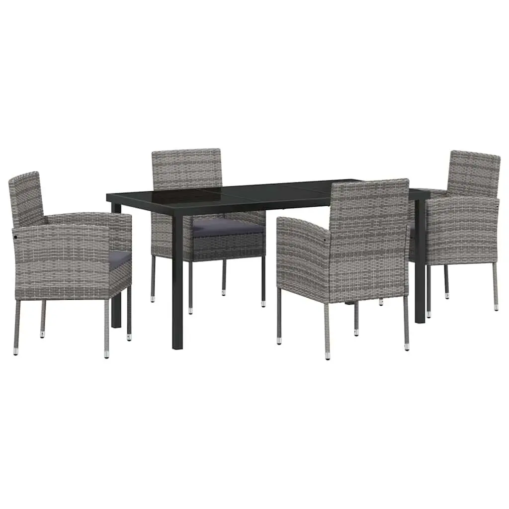 Garden Dining Set Poly Rattan 5 Piece Outdoor Furniture Grey Steel Frame Tempered Glass Table with Cushions