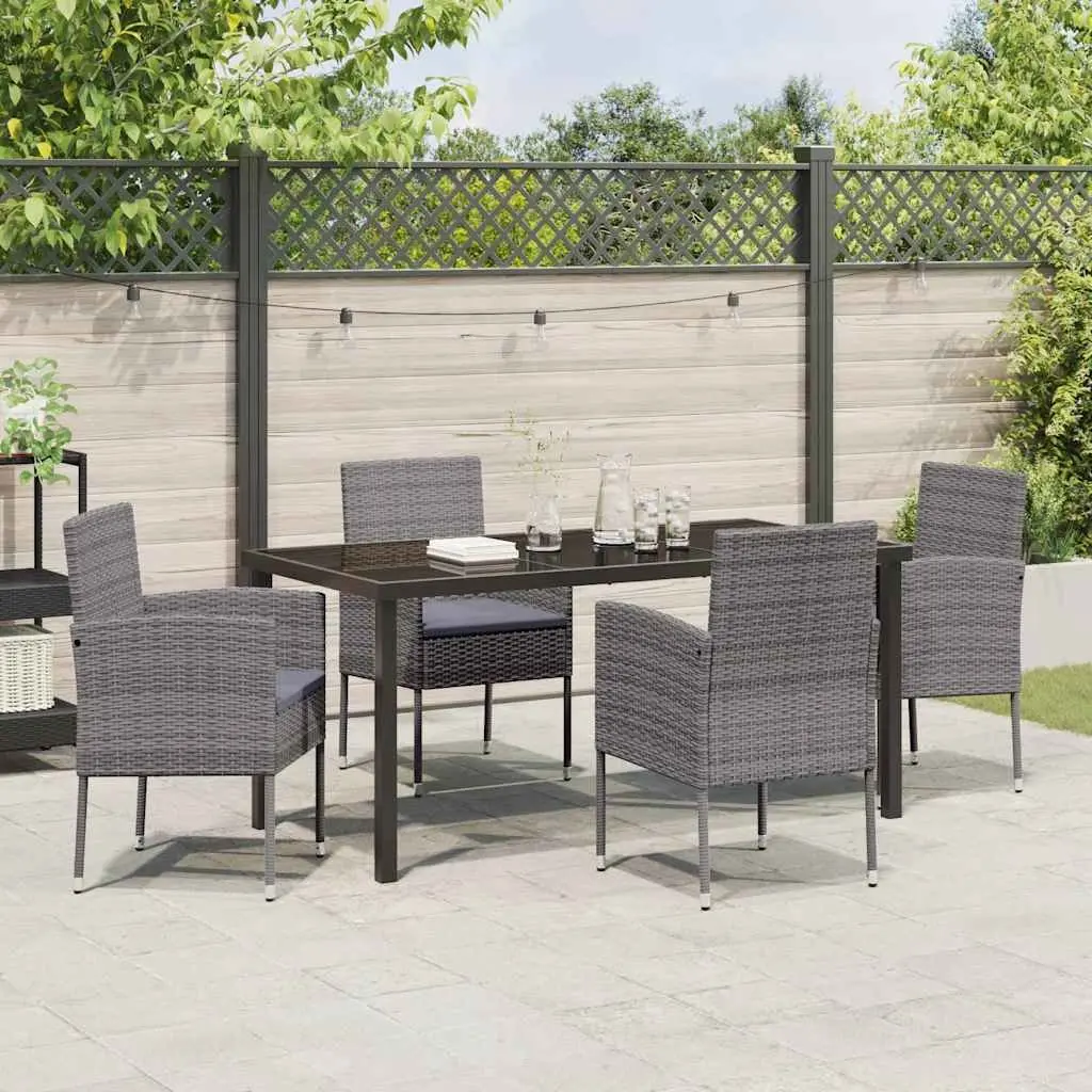 Garden Dining Set Poly Rattan 5 Piece Outdoor Furniture Grey Steel Frame Tempered Glass Table with Cushions