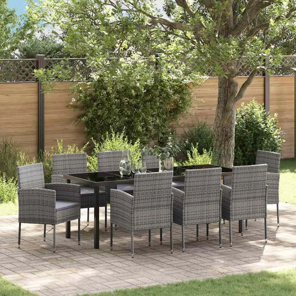 9-Piece Garden Dining Set with Grey Cushions and Glass Table