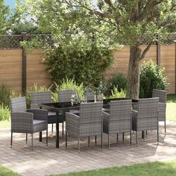 9-Piece Garden Dining Set with Grey Cushions and Glass Table