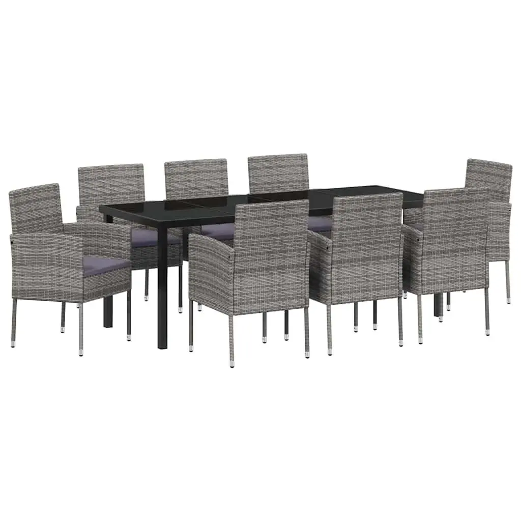 9-Piece Garden Dining Set with Grey Cushions and Glass Table