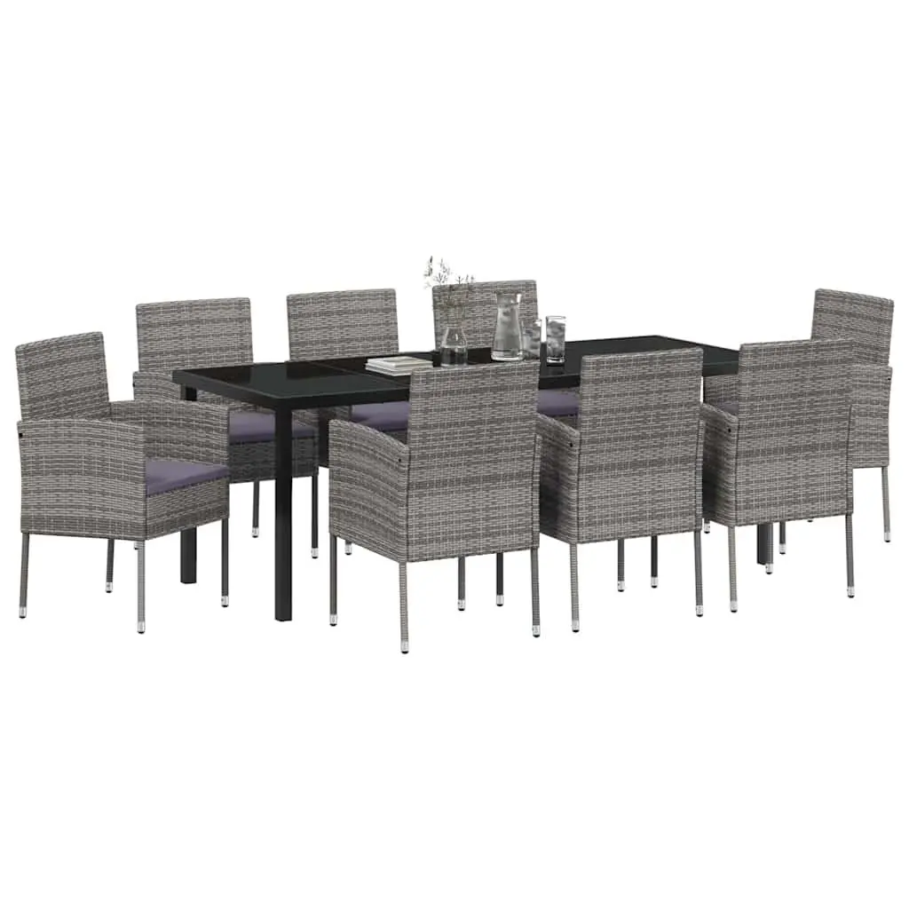 9-Piece Garden Dining Set with Grey Cushions and Glass Table