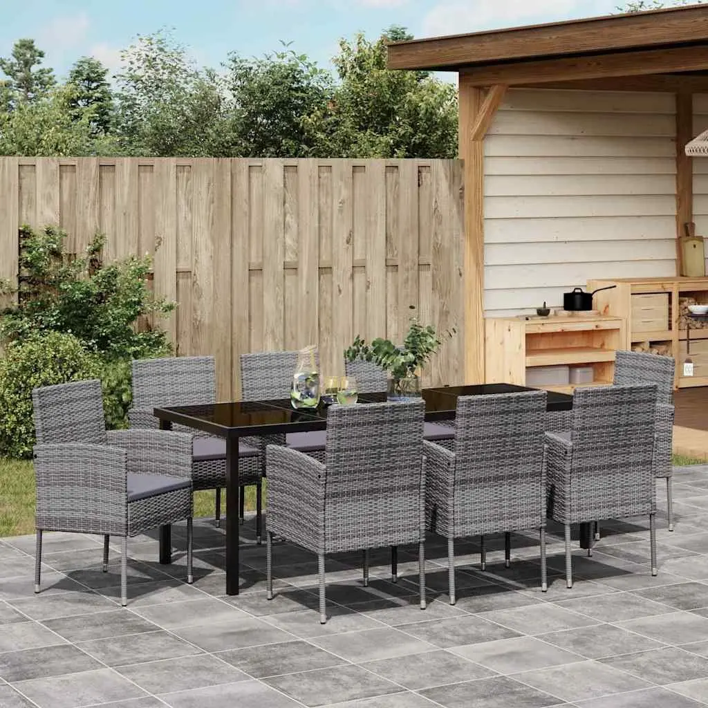 9-Piece Garden Dining Set with Grey Cushions and Glass Table