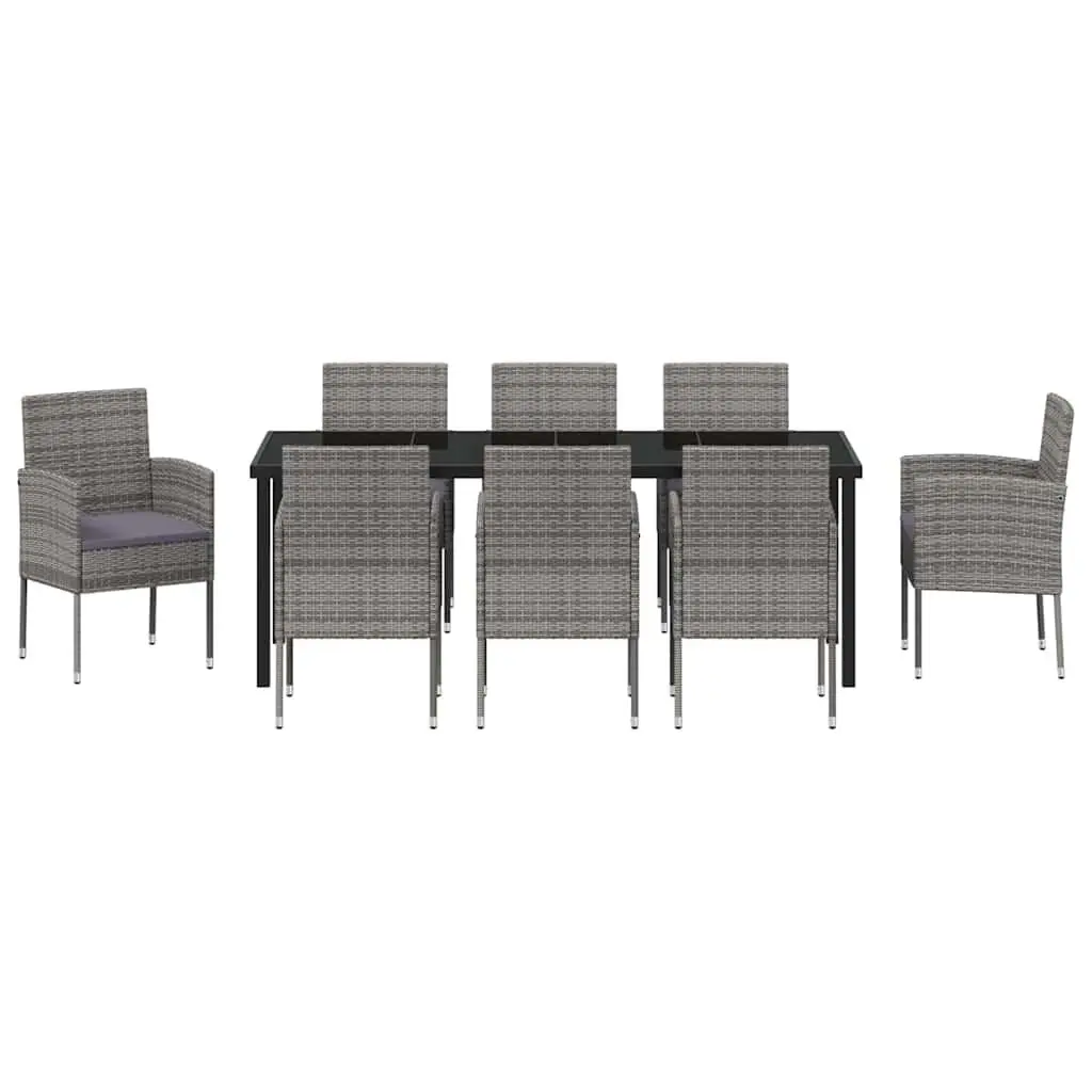 9-Piece Garden Dining Set with Grey Cushions and Glass Table