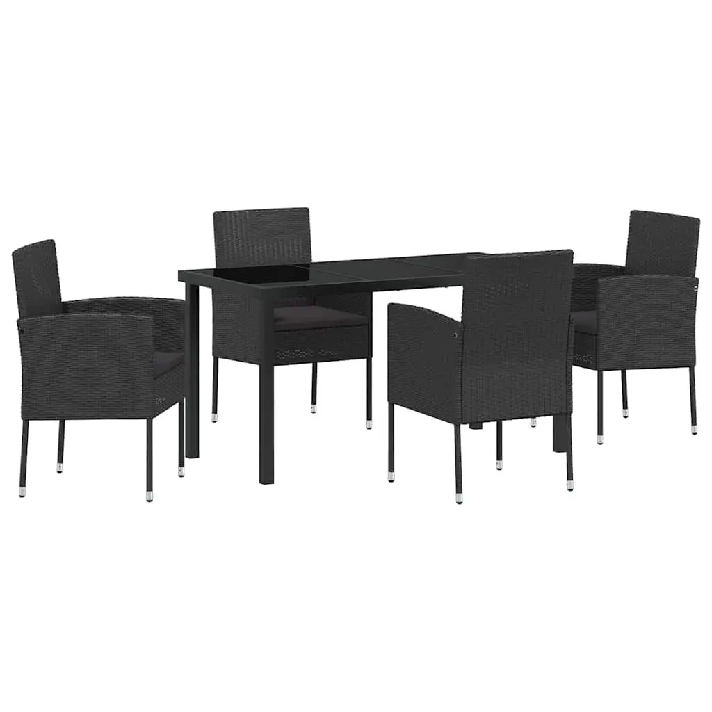 5 Piece Outdoor Dining Set Poly Rattan Steel Frame Tempered Glass Top Black