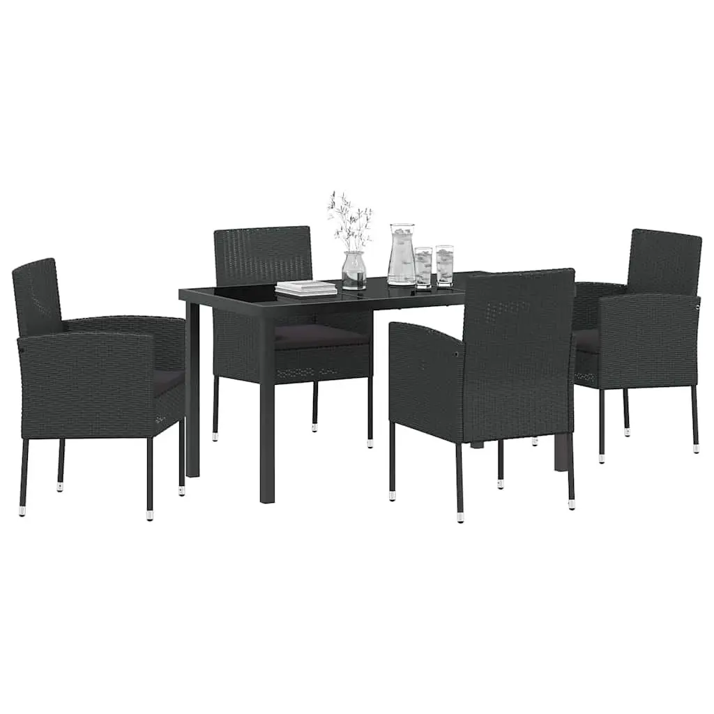 5 Piece Outdoor Dining Set Poly Rattan Steel Frame Tempered Glass Top Black