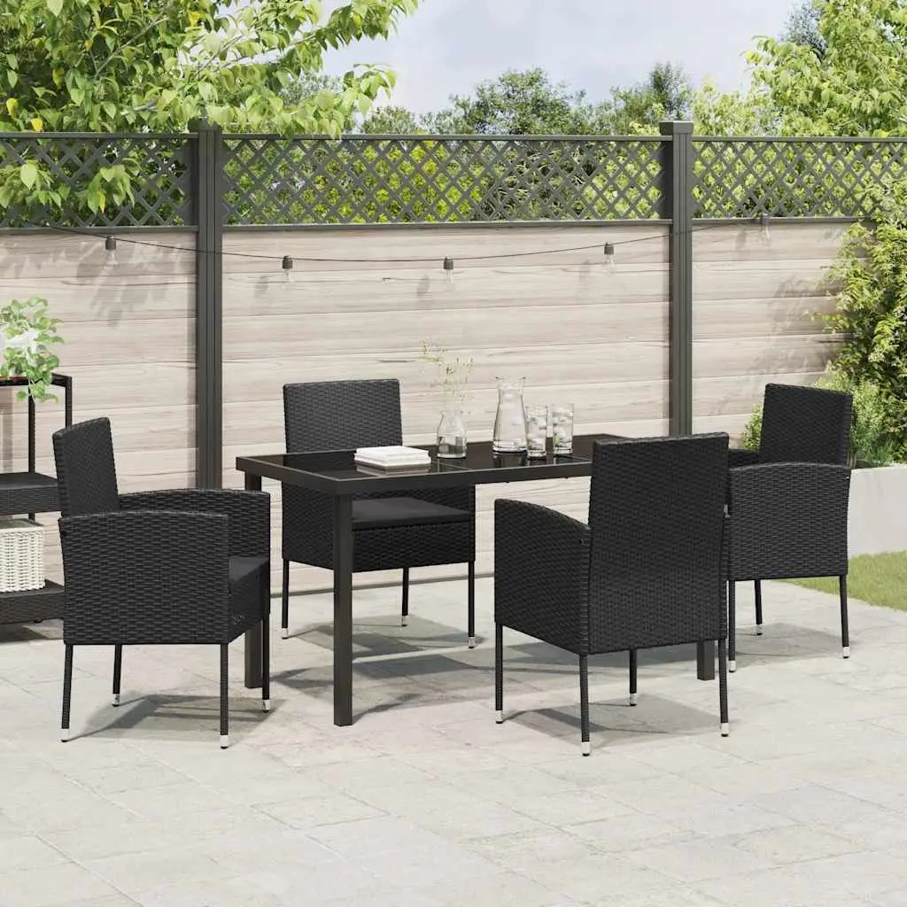 5 Piece Outdoor Dining Set Poly Rattan Steel Frame Tempered Glass Top Black