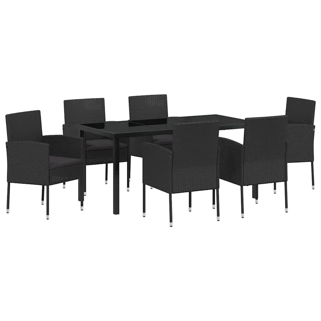 Outdoor Dining Set Poly Rattan Steel Frame Tempered Glass Black 7 Piece