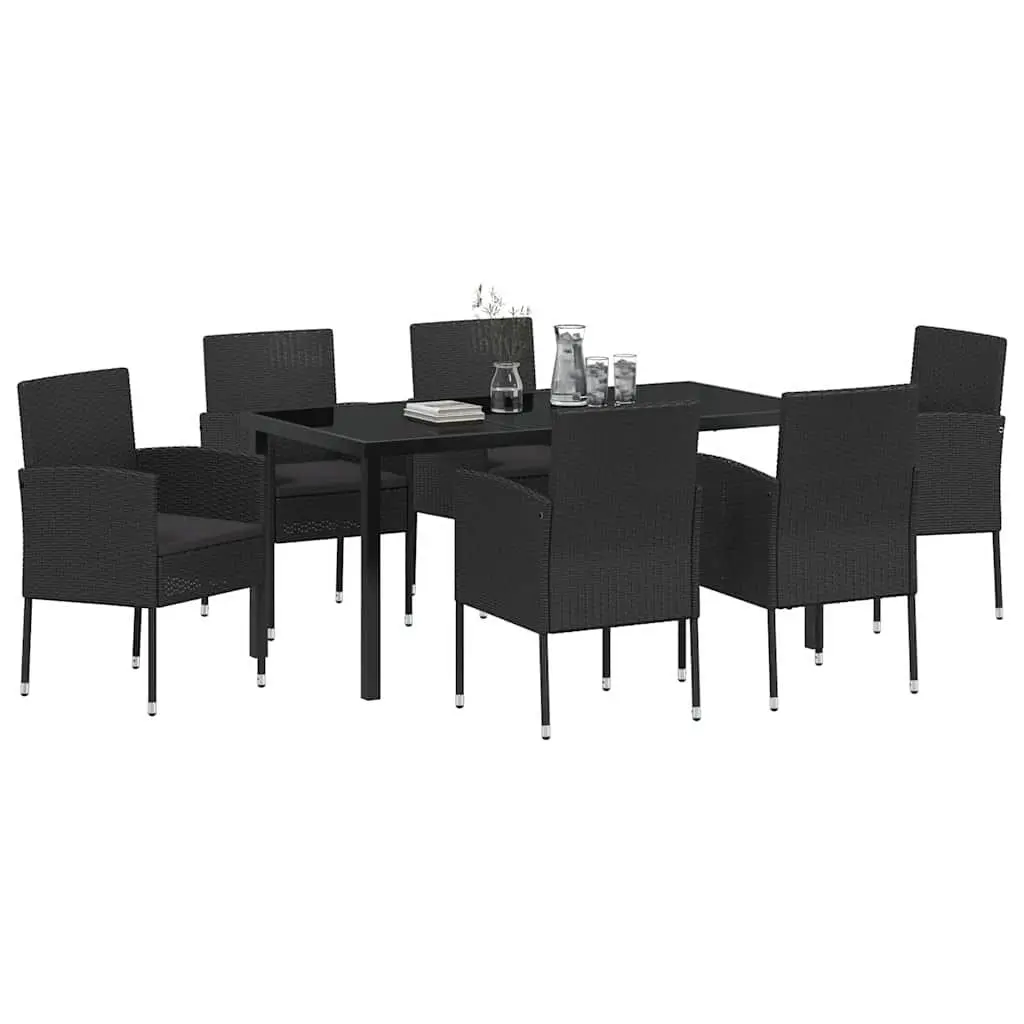 Outdoor Dining Set Poly Rattan Steel Frame Tempered Glass Black 7 Piece