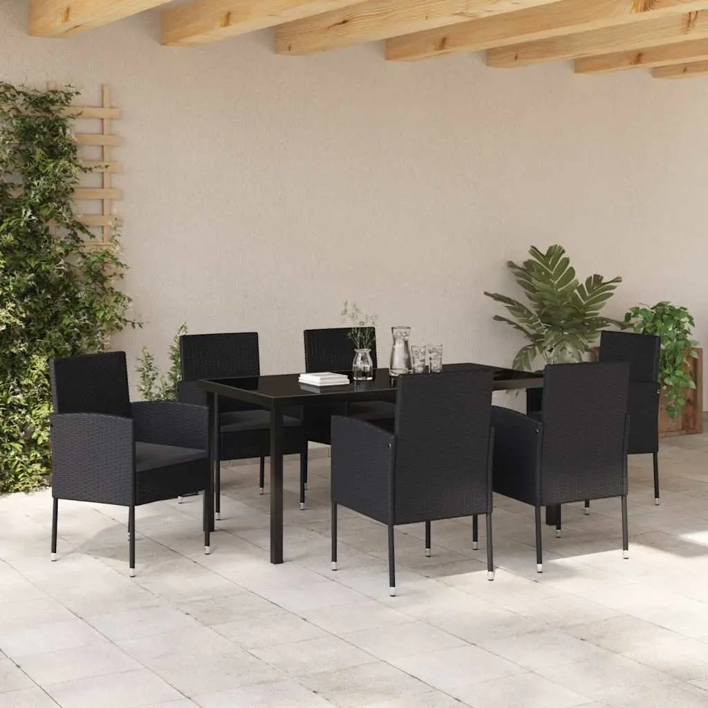 Outdoor Dining Set Poly Rattan Steel Frame Tempered Glass Black 7 Piece