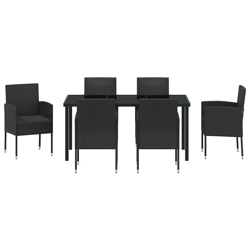 Outdoor Dining Set Poly Rattan Steel Frame Tempered Glass Black 7 Piece