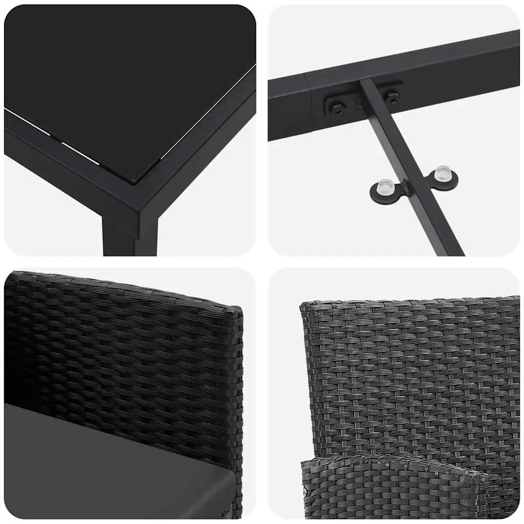 Outdoor Dining Set Poly Rattan Steel Frame Tempered Glass Black 7 Piece