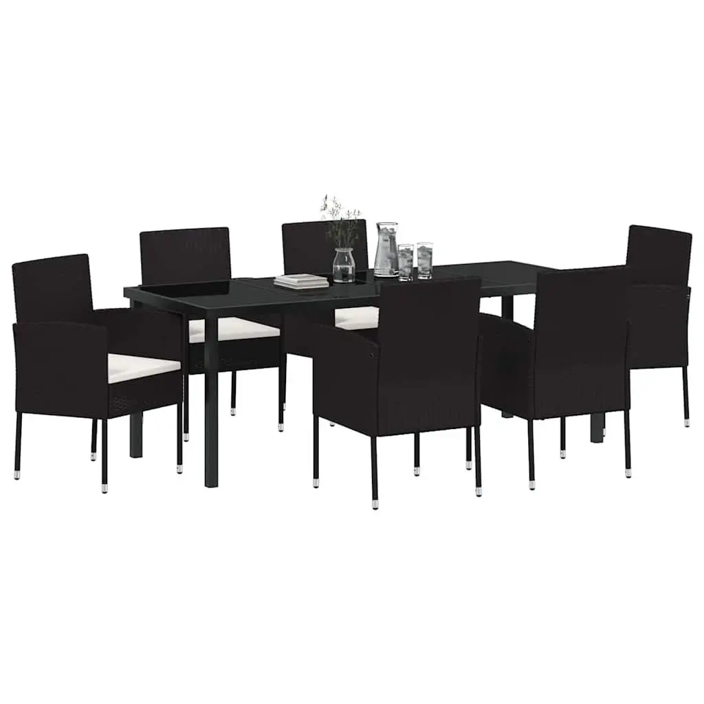 Garden Dining Set Poly Rattan 7 Pieces Outdoor Furniture Black Glass Table