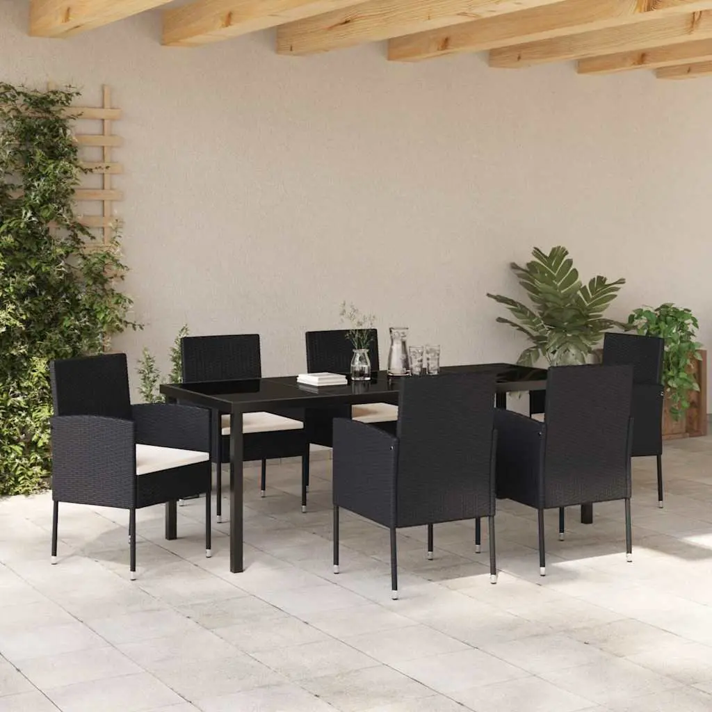 Garden Dining Set Poly Rattan 7 Pieces Outdoor Furniture Black Glass Table