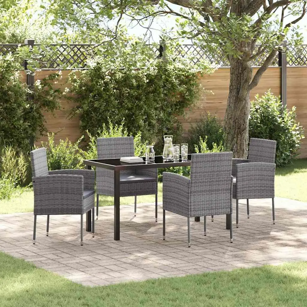 Garden Dining Set Poly Rattan 5 Piece Outdoor Furniture Grey Glass Top Table Chairs